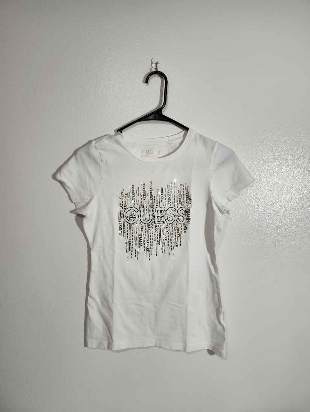 Guess White Tee with Gold & Silver Sequin Logo